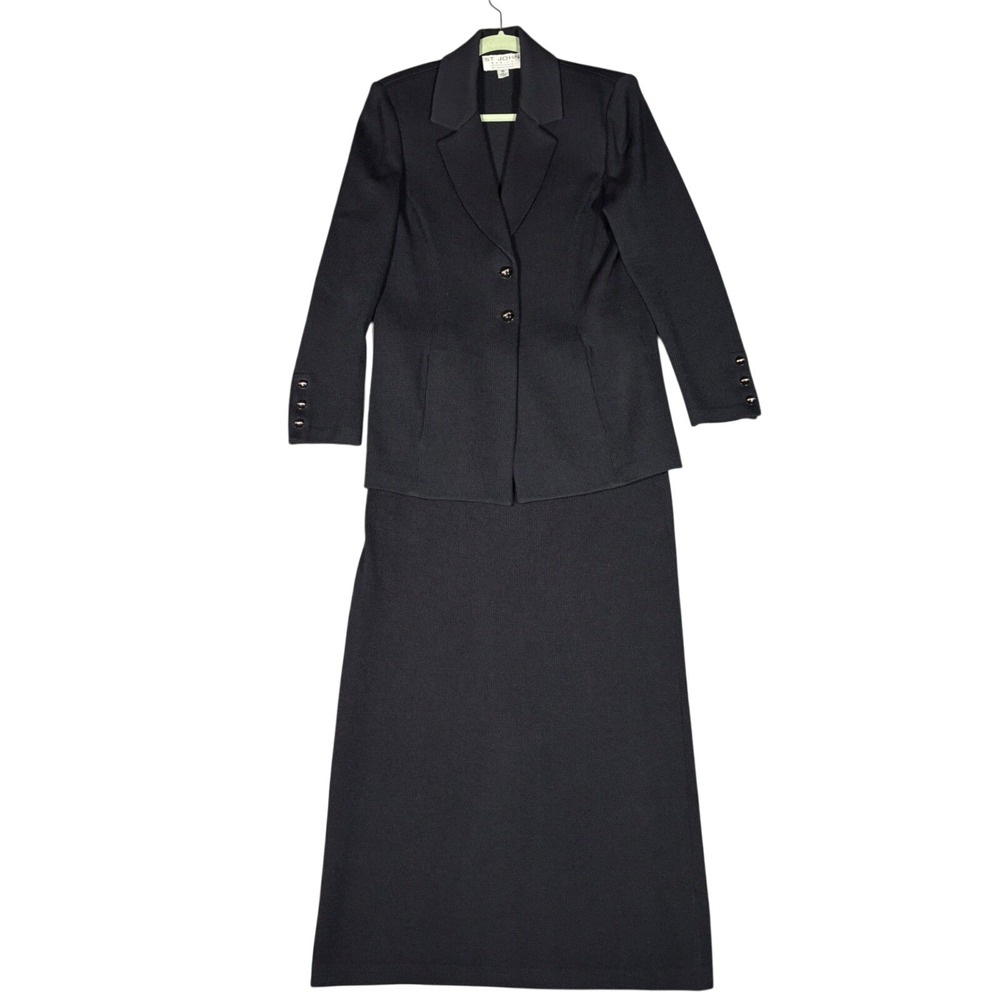 St. John Skirt Suit Womens 10 Black Santana Knit Blazer Maxi Skirt Set USA VTG